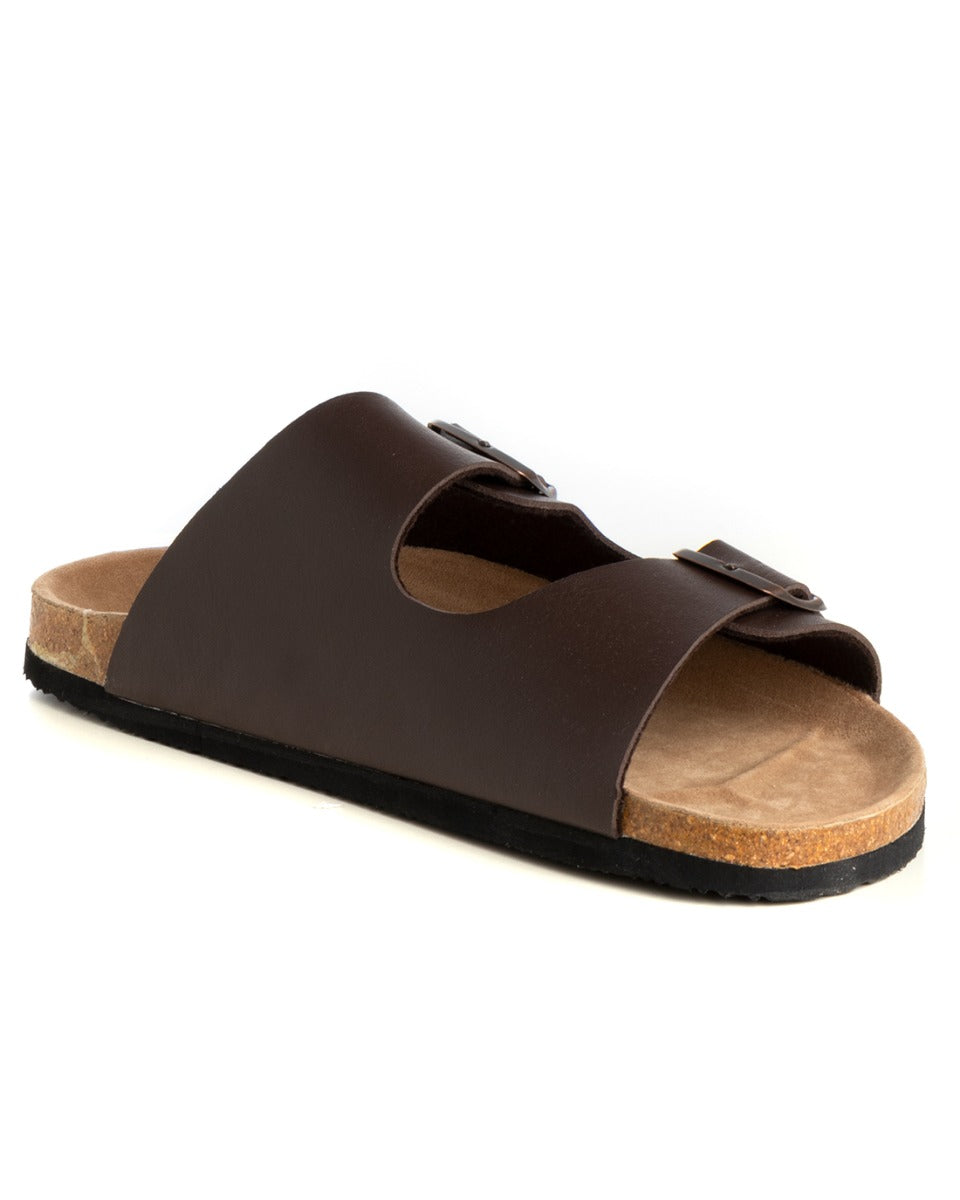 Open Sandal Faux Leather Shoes Slipper Men Unisex Double Buckle Sandals Brown GIOSAL-S1204A
