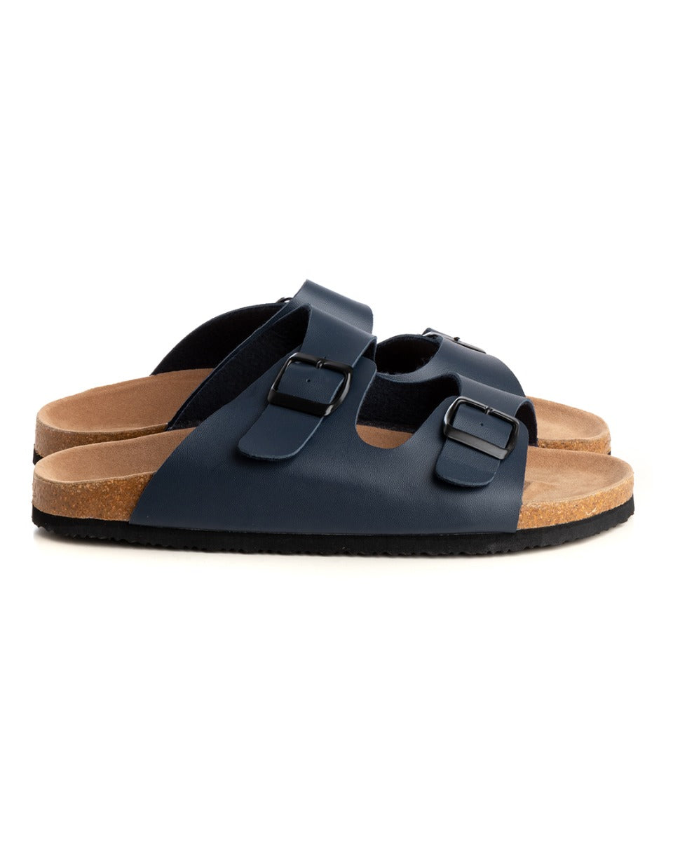 Open Sandal Faux Leather Shoes Slippers Men Unisex Double Buckle Sandals Blue GIOSAL-S1205A