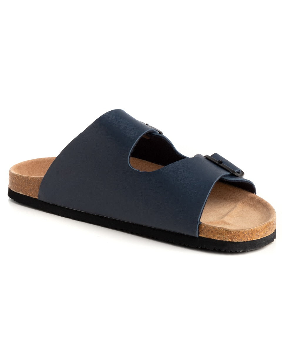 Open Sandal Faux Leather Shoes Slippers Men Unisex Double Buckle Sandals Blue GIOSAL-S1205A