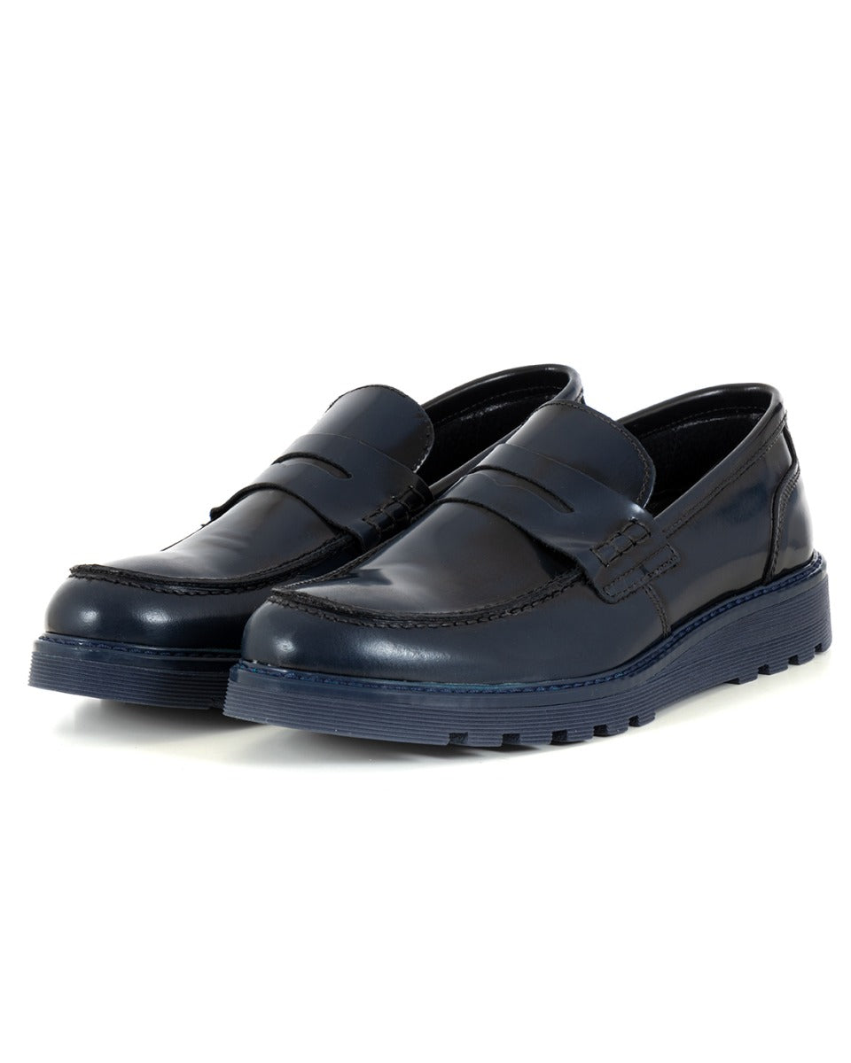 Men's College Moccasins High Shoes Faux Leather Blue Shiny Elegant Casual Sports GIOSAL-S1216A