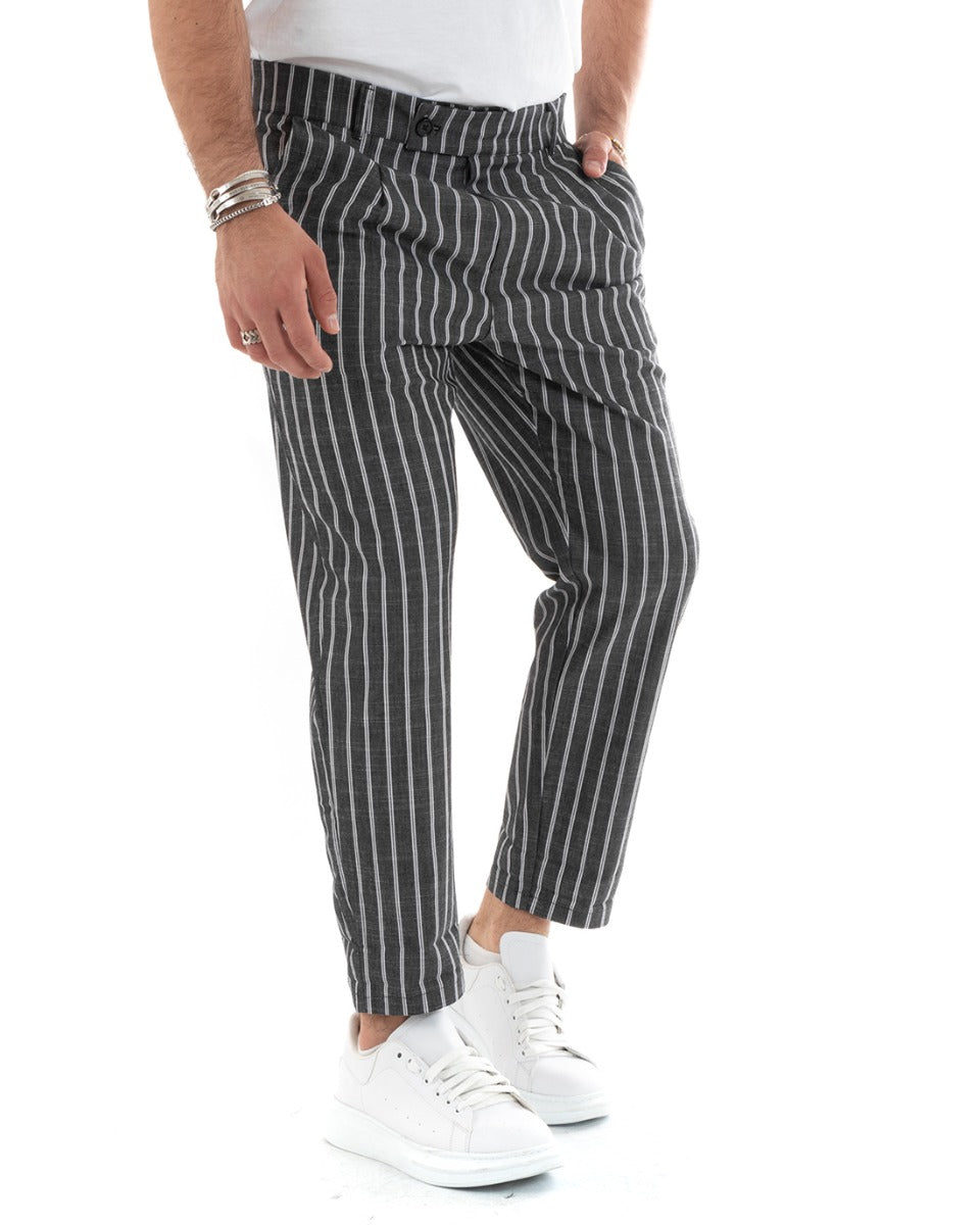 Pantaloni Uomo Tasca America Con Pinces Classico Lino Rigato Righe Grigio GIOSAL-P3851A