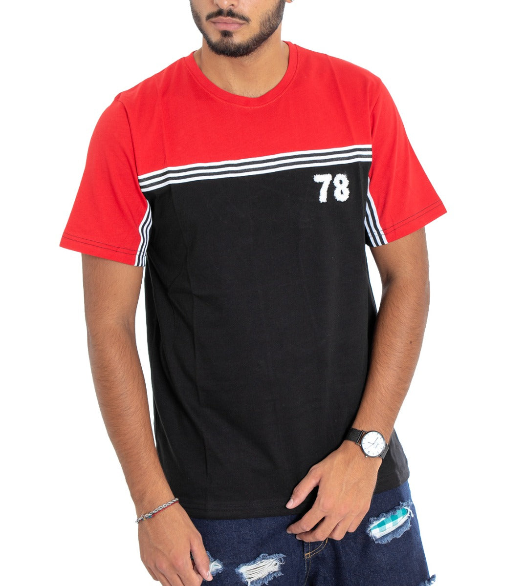 MOD Men's T-Shirt Round Neck Two-Tone Red Black Stripes Casual Print GIOSAL