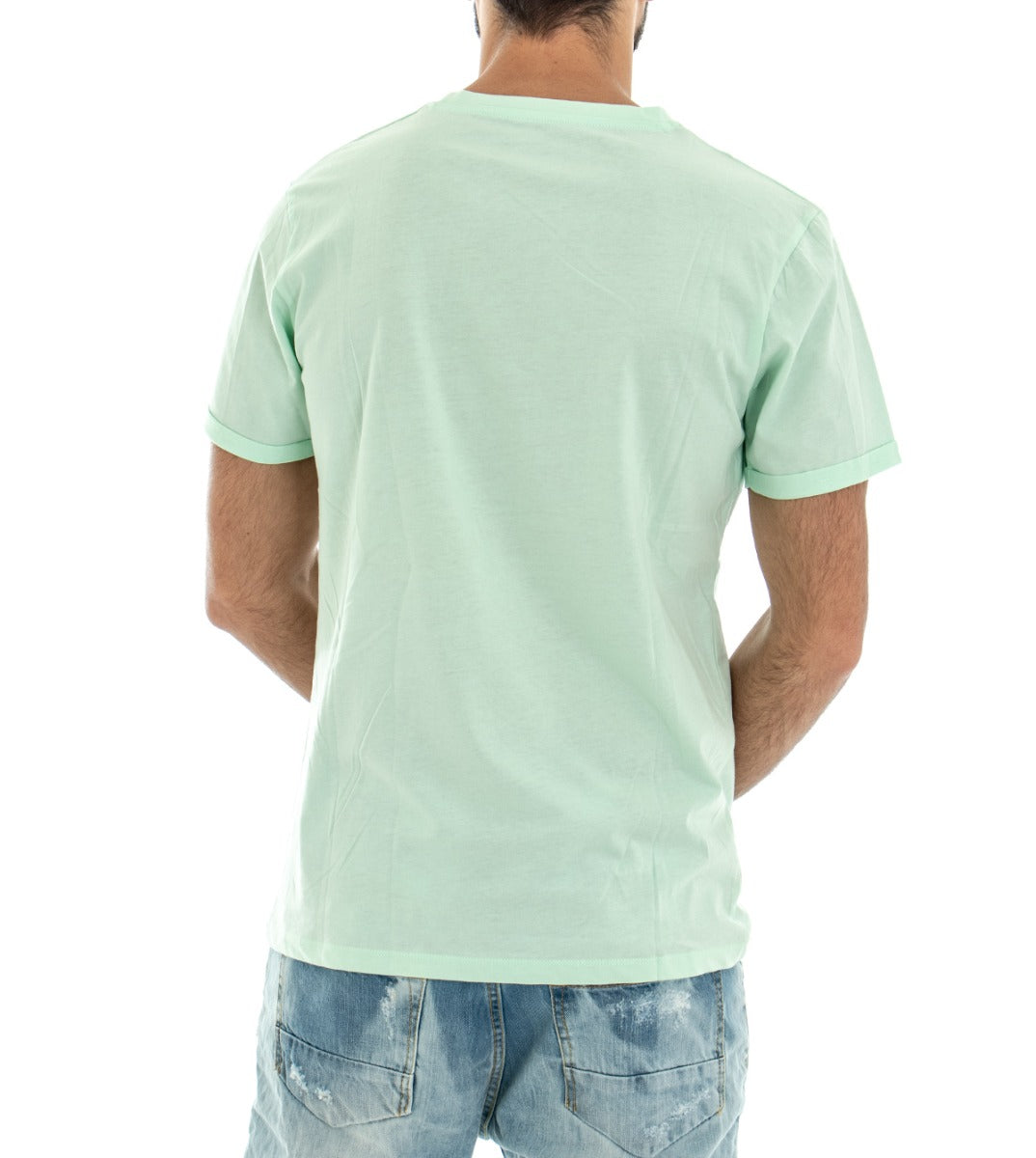 Men's Crew Neck T-Shirt Water Green Written Print Casual Half Sleeves GIOSAL