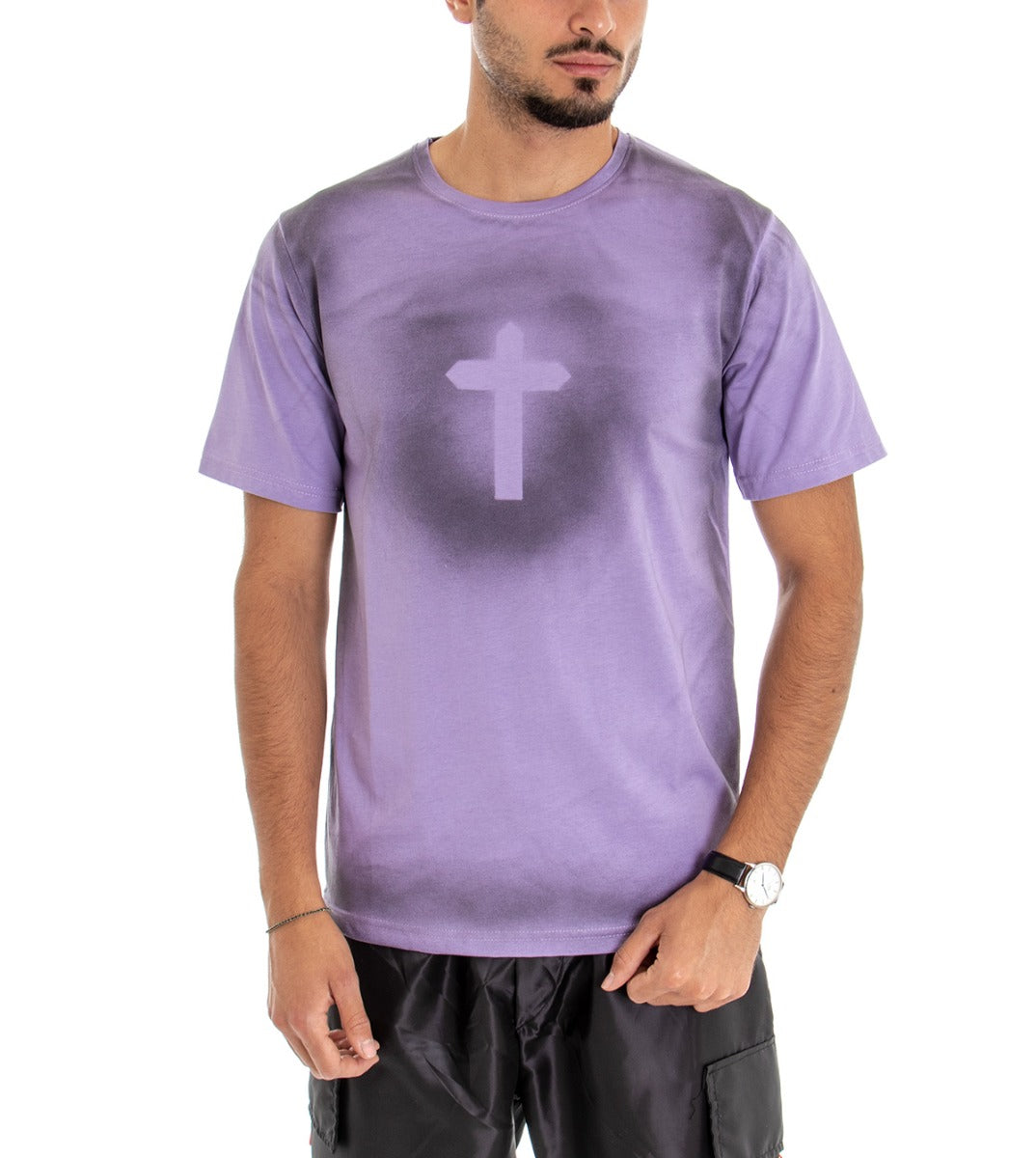 Men's T-shirt Short Sleeves Cotton Round Neck Casual Cross Purple GIOSAL