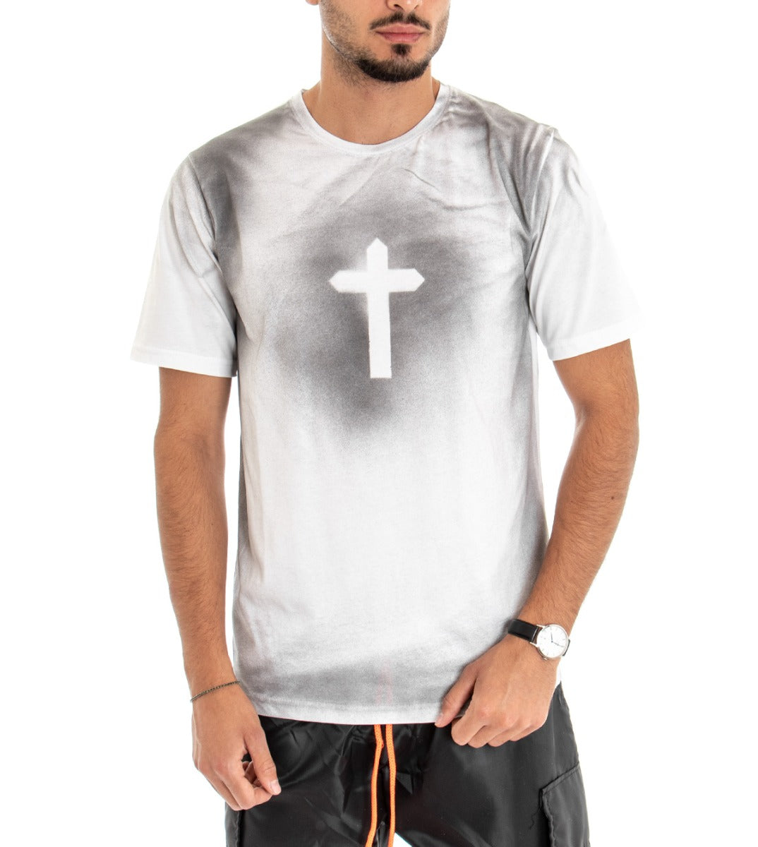 Men's T-shirt Short Sleeves Cotton Round Neck Casual Cross White GIOSAL