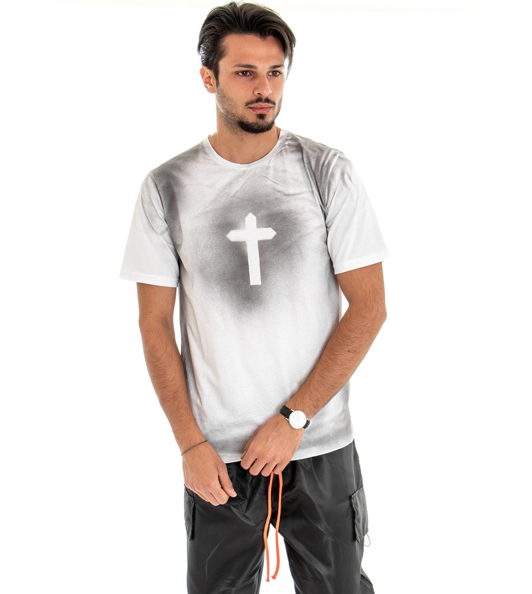 Men's T-shirt Short Sleeves Cotton Round Neck Casual Cross White GIOSAL