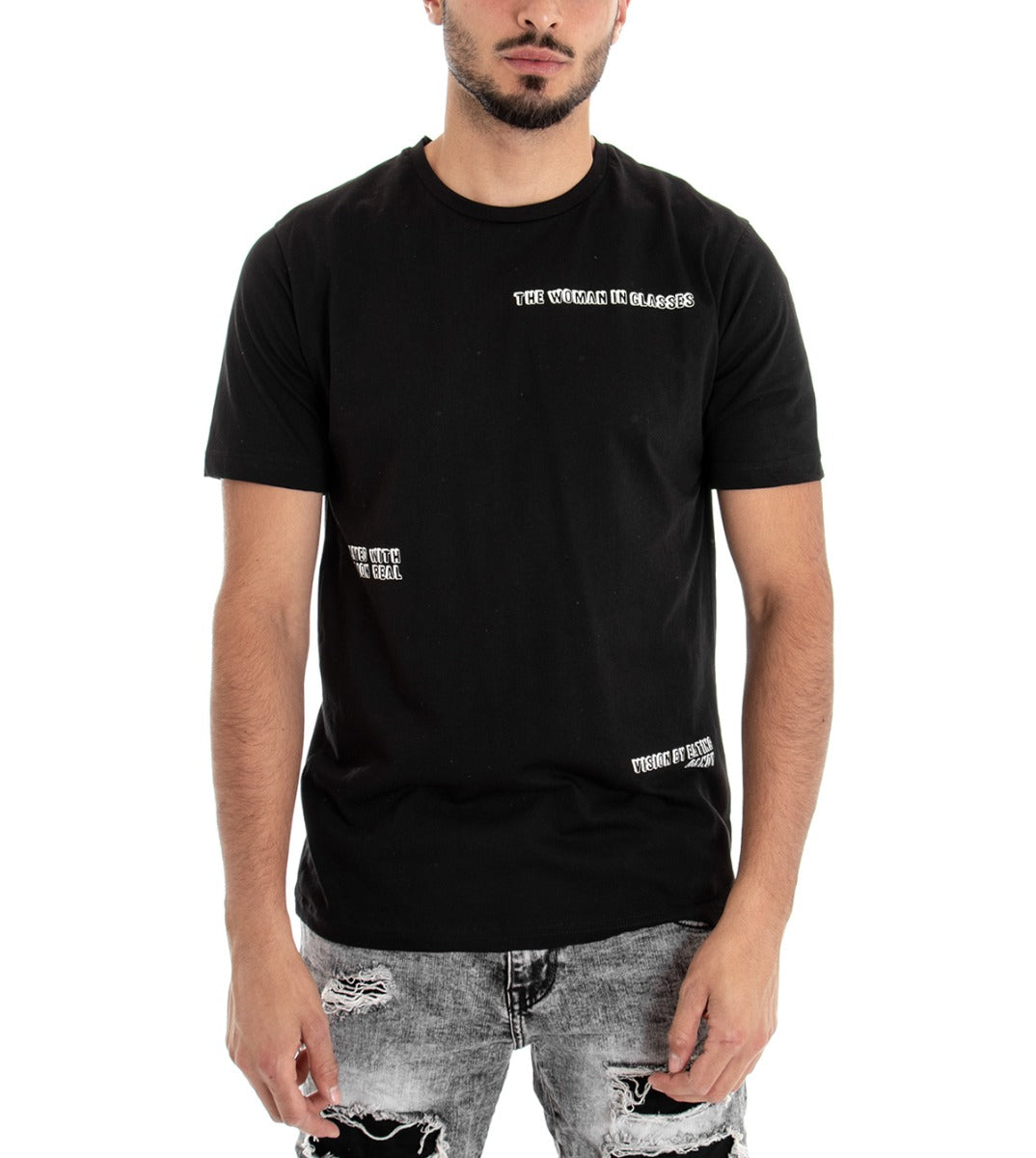 Men's T-shirt Short Sleeve Shirt Retro Print Black Cotton GIOSAL