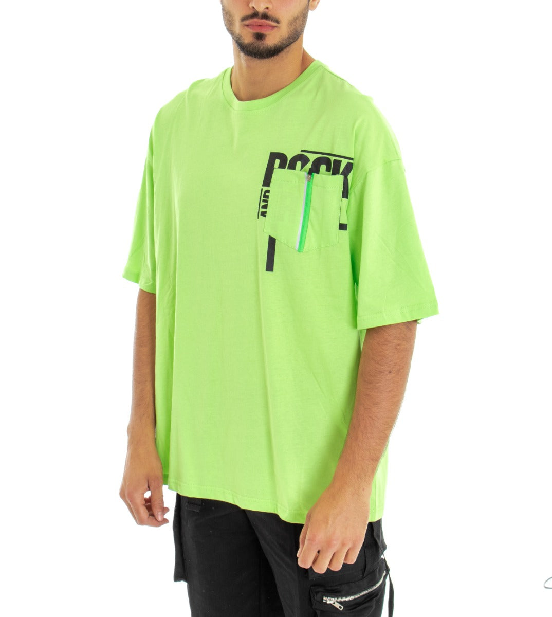T-shirt Uomo Maglia Manica Corta Modello Over Size Stampa Taschino Anteriore Tinta Unita Verde GIOSAL