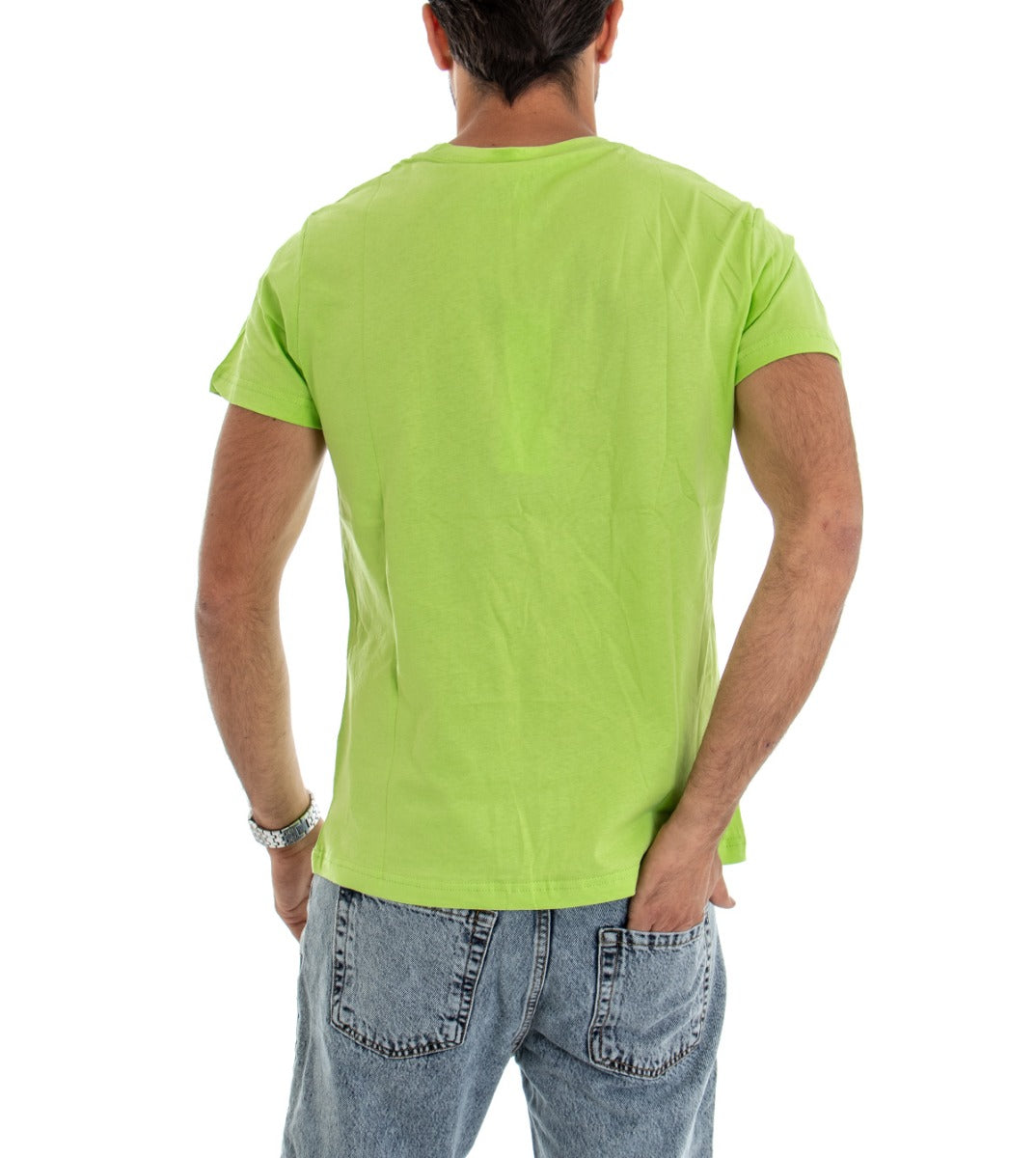 Men's T-shirt Slim Short Sleeve Shirt Green Background Print GIOSAL