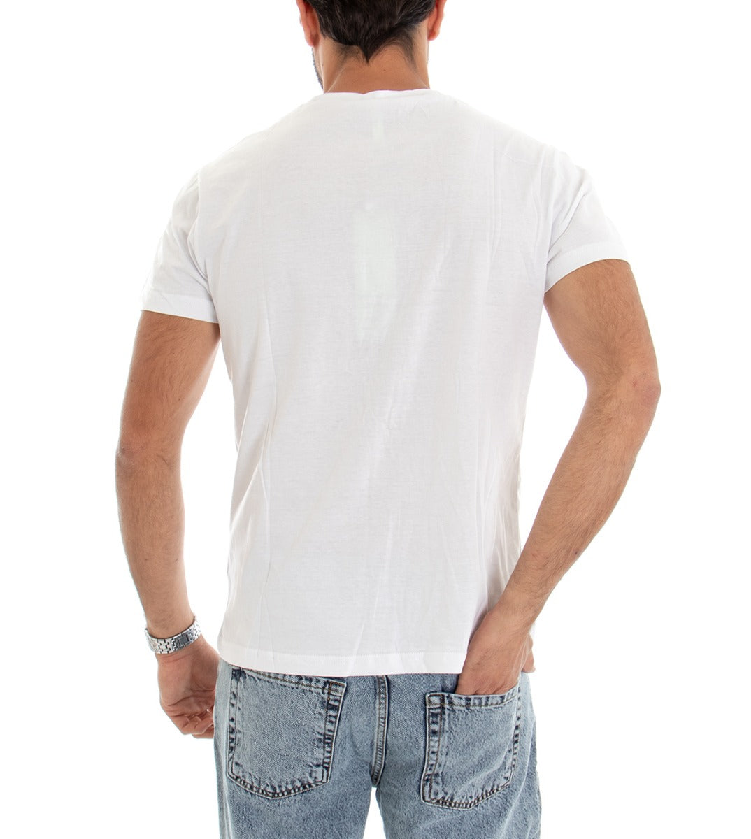 T-shirt Uomo Maglia Manica Corta Slim Stampa Fondo Bianco GIOSAL