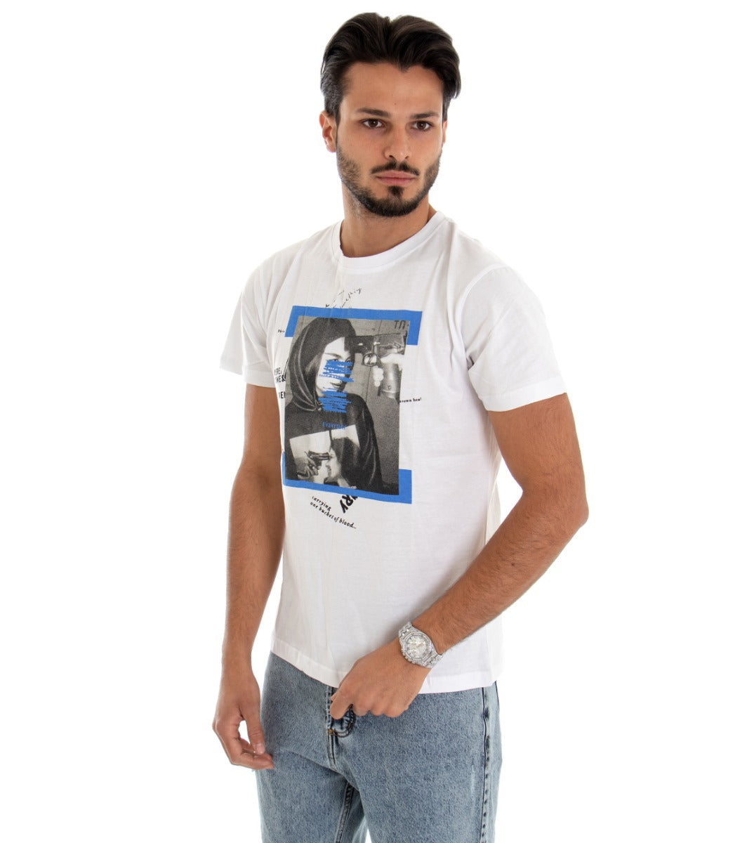 T-shirt Uomo Maglia Manica Corta Slim Stampa Fondo Bianco GIOSAL