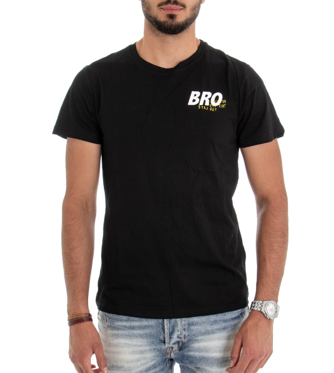 Men's T-shirt Short Sleeve Shirt Solid Color Print Slim Black GIOSAL