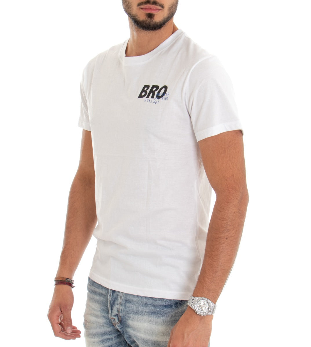Men's T-shirt Short Sleeve Shirt Solid White Slim Print GIOSAL