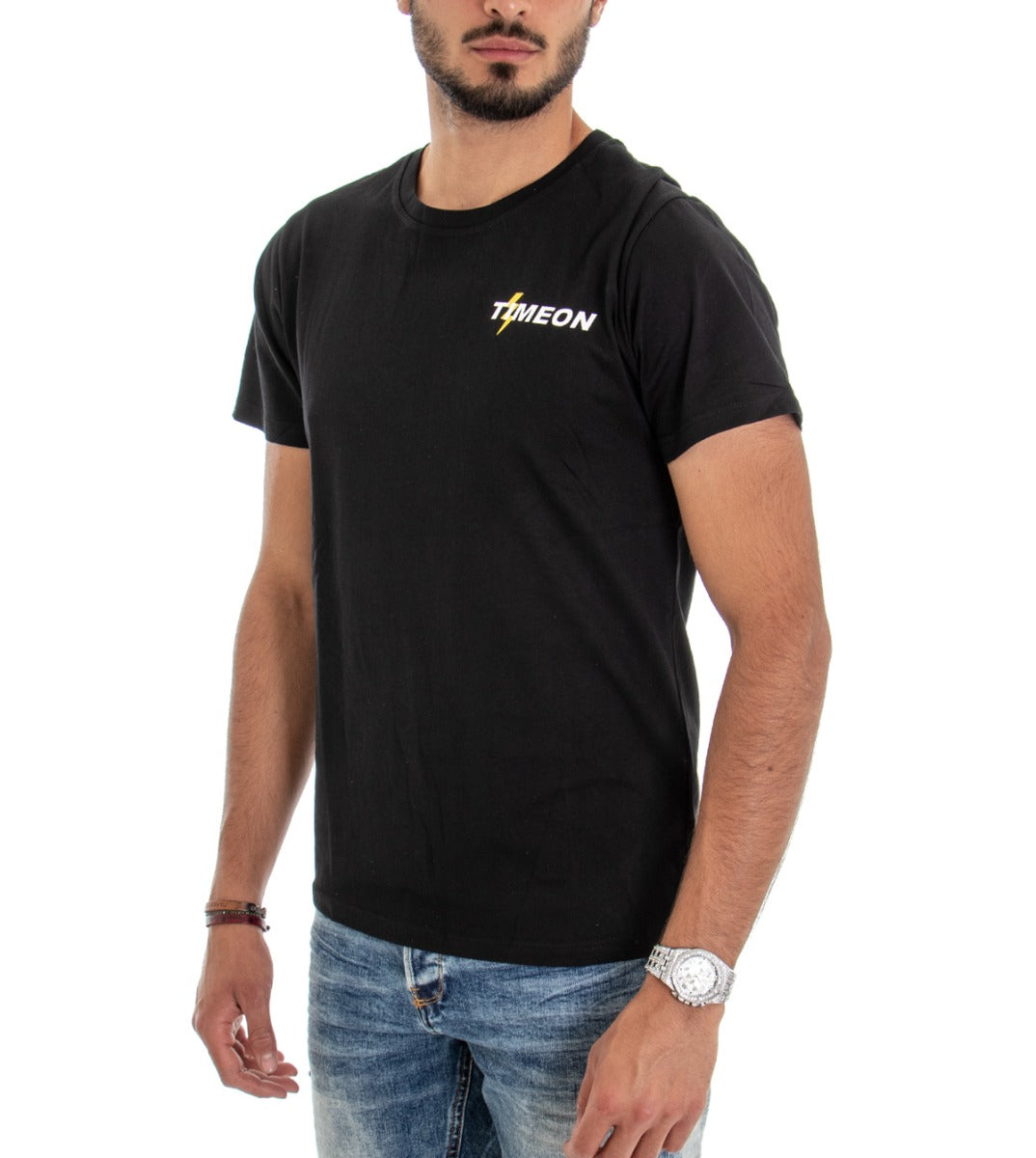 Men's T-shirt Cotton Short Sleeve Shirt Solid Color Print Slim Black GIOSAL