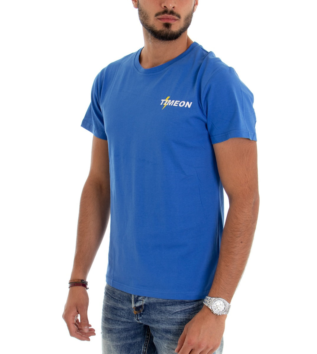 T-shirt Uomo Cotone Maglia Manica Corta Stampa Tinta Unita Blu Royal Slim GIOSAL