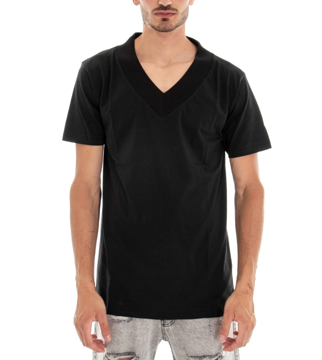 Men's T-shirt Short Sleeve V-Neck Solid Color Black Cotton GIOSAL