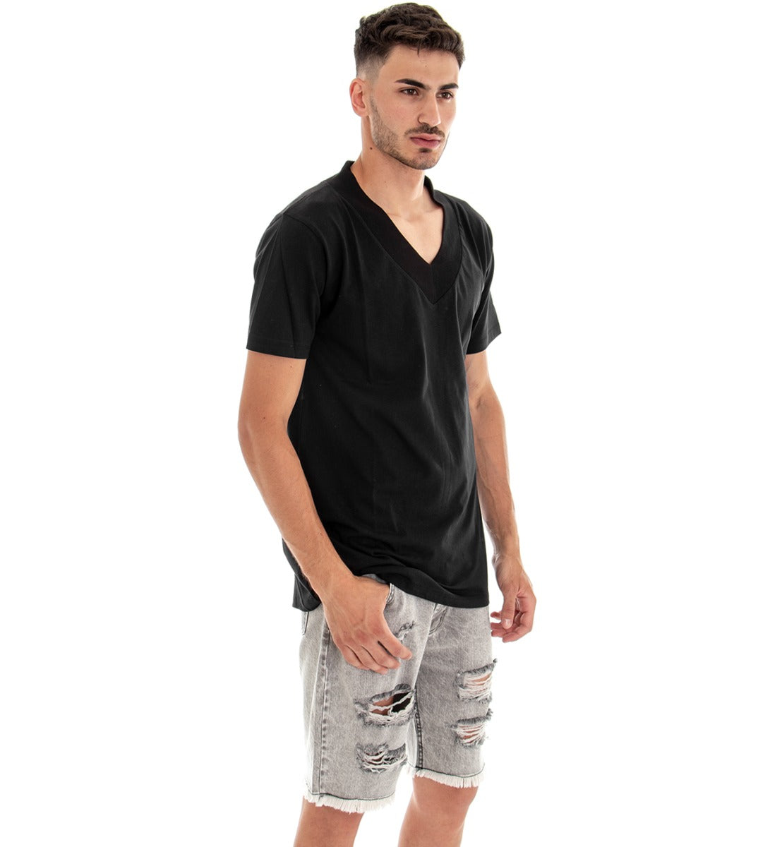 Men's T-shirt Short Sleeve V-Neck Solid Color Black Cotton GIOSAL