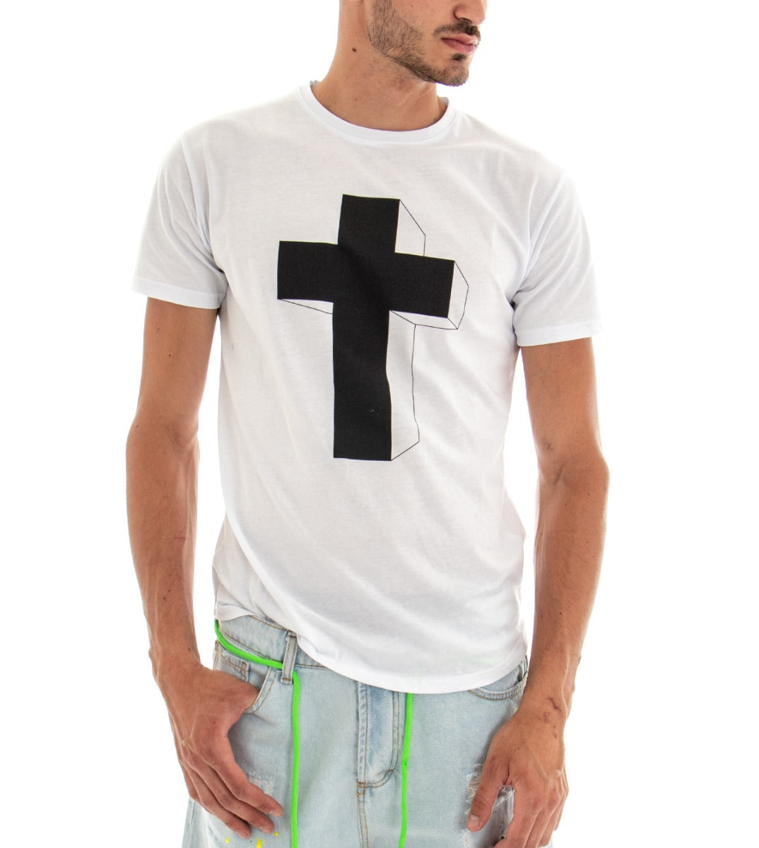Men's T-shirt Short Sleeve Solid Color White Cross Print Crew Neck Cotton GIOSAL