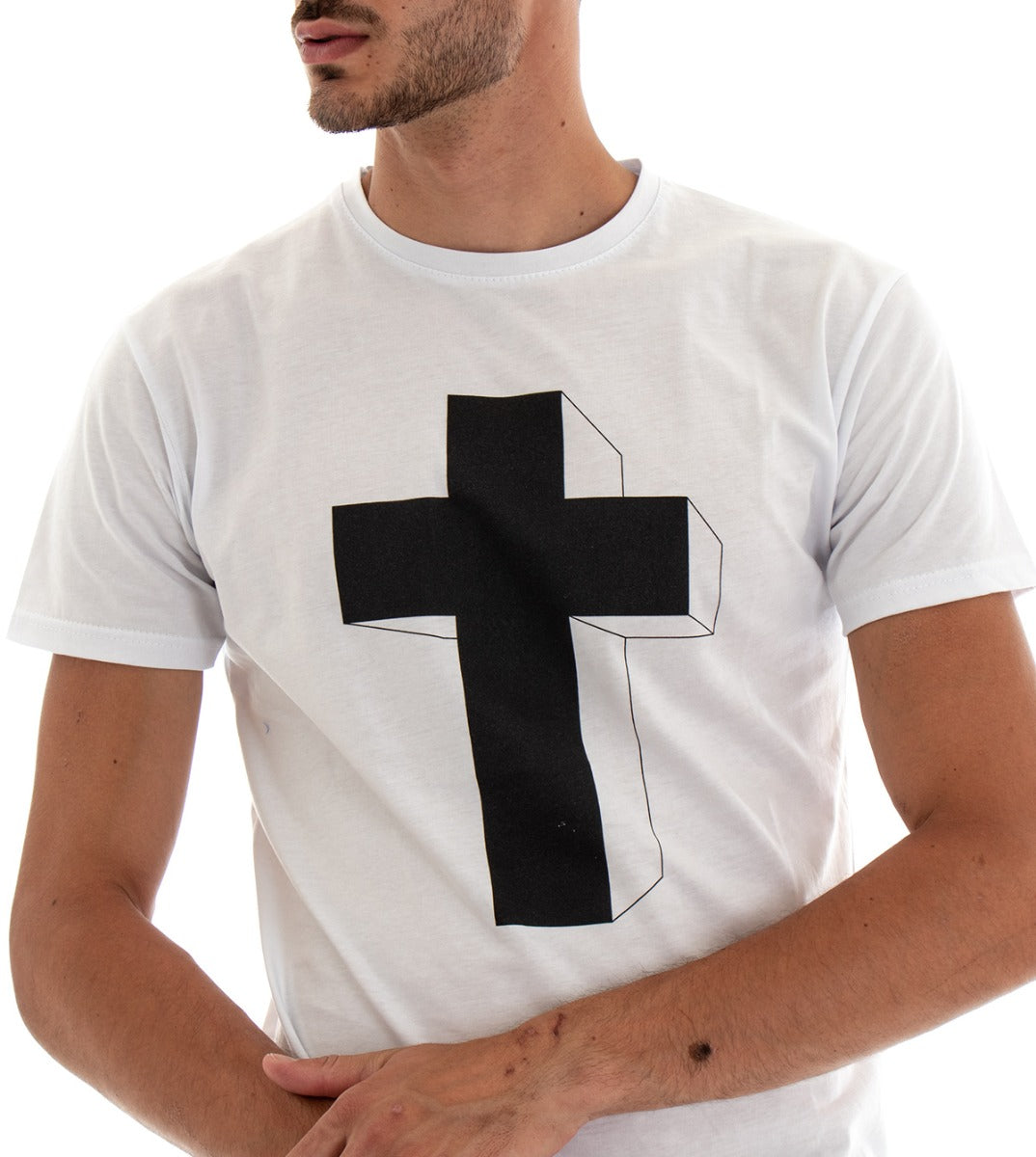Men's T-shirt Short Sleeve Solid Color White Cross Print Crew Neck Cotton GIOSAL