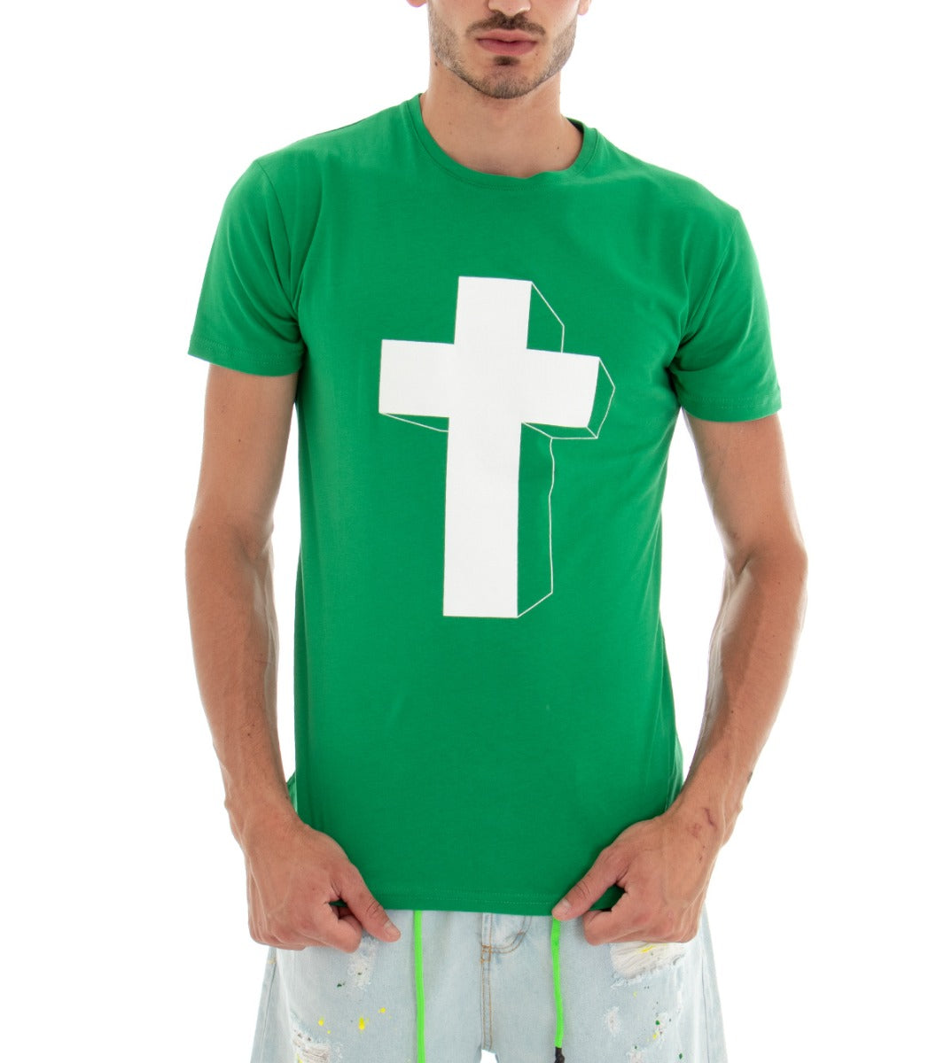 Men's T-shirt Short Sleeve Solid Color Green Cross Print Crew Neck Cotton GIOSAL