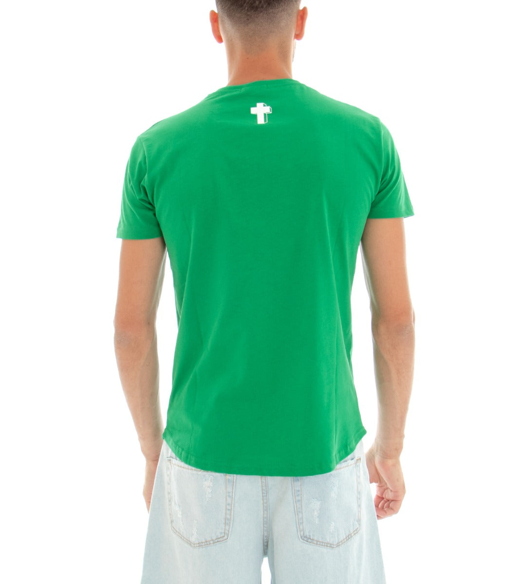 T-shirt Uomo Maglia Manica Corta Tinta Unita Verde Stampa Croce Girocollo Cotone GIOSAL