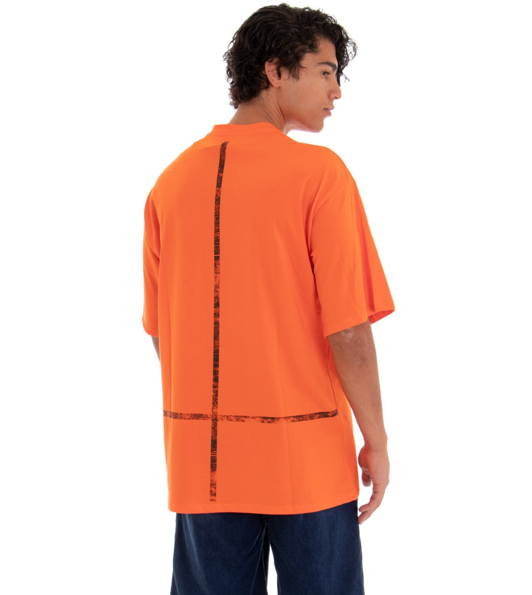 T-shirt Uomo Maglia Maniche Corte Over Tinta Unita Arancione Stampa Retro GIOSAL