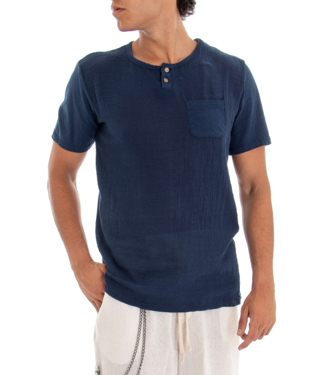 T-shirt Uomo Maglia Manica Corta Tinta Unita Blu Taschino GIOSAL