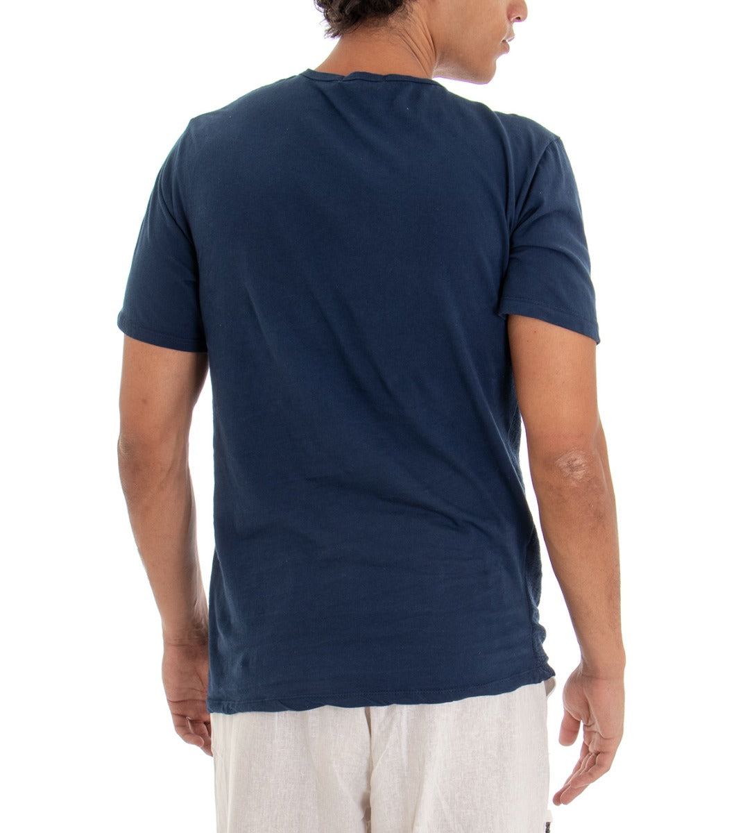 T-shirt Uomo Maglia Manica Corta Tinta Unita Blu Taschino GIOSAL