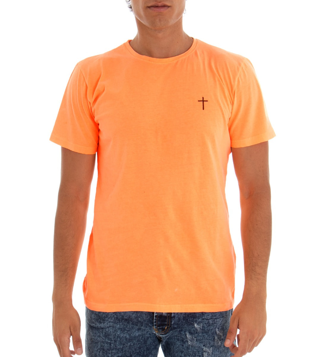 T-shirt Uomo Maglia Maniche Corte Cotone Tinta Unita Arancio Fluo Girocollo GIOSAL