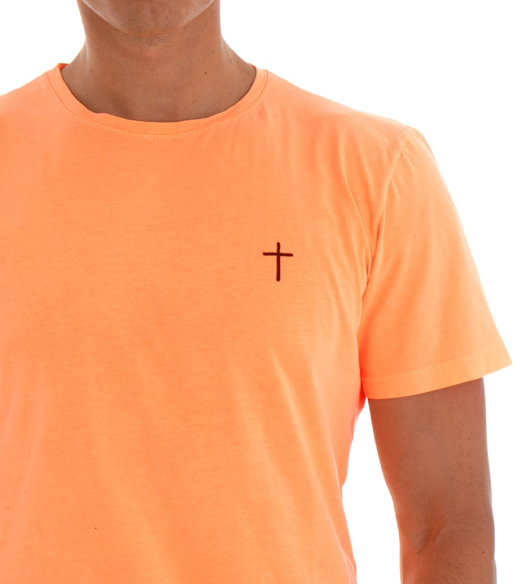 Men's T-shirt Short Sleeves Cotton Solid Color Fluo Orange Crewneck GIOSAL