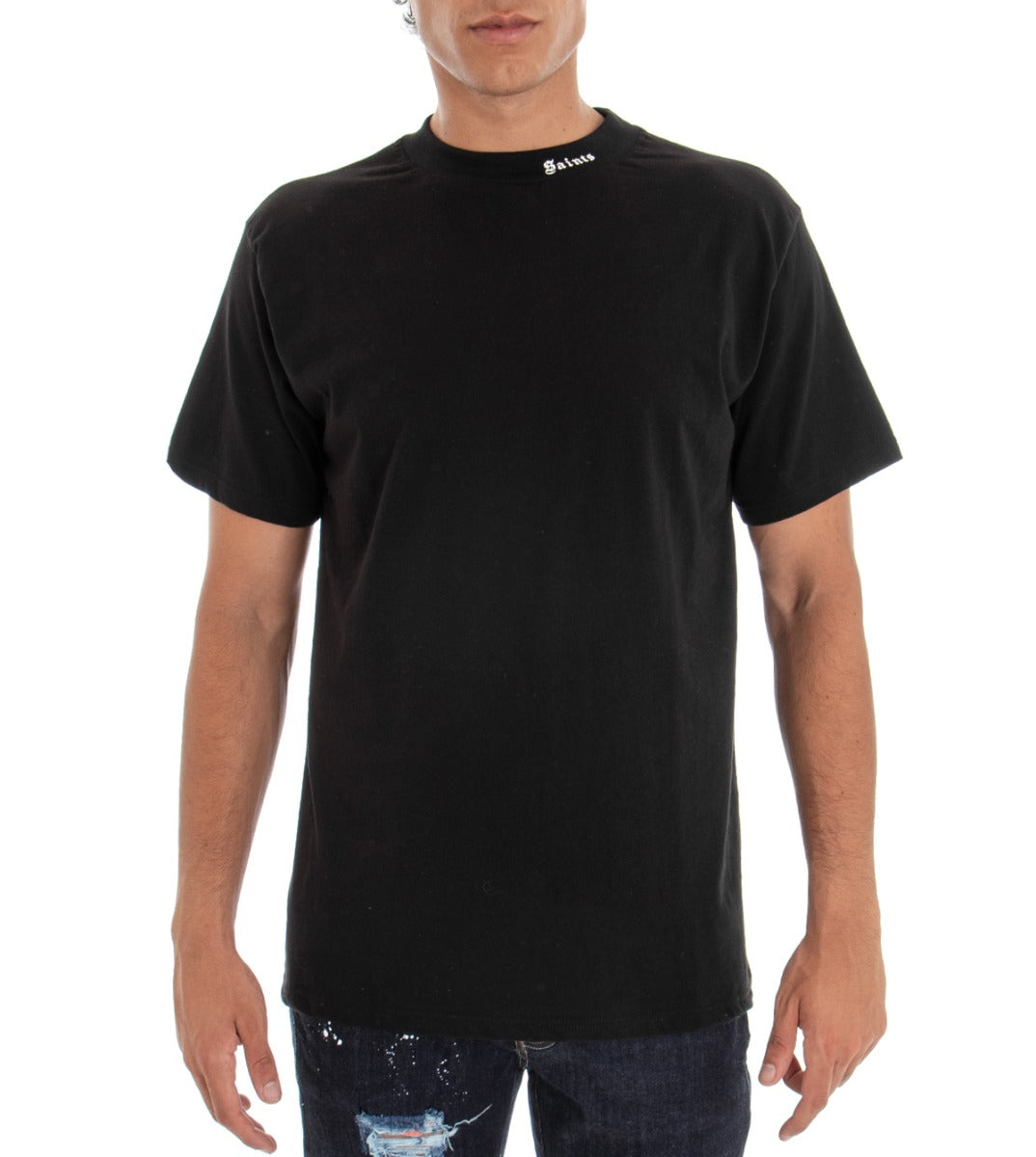 Men's T-shirt Solid Black Print Back Crew Neck Cotton GIOSAL