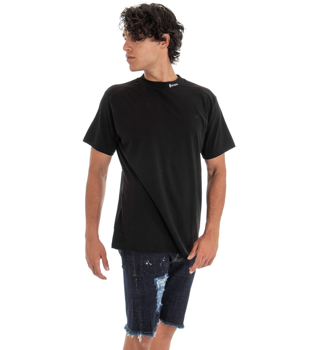 Men's T-shirt Solid Black Print Back Crew Neck Cotton GIOSAL