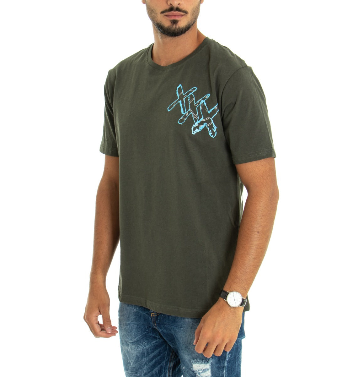 White Official Men's T-shirt Printed Back Round Neck Military Green Cotton GIOSAL Writing