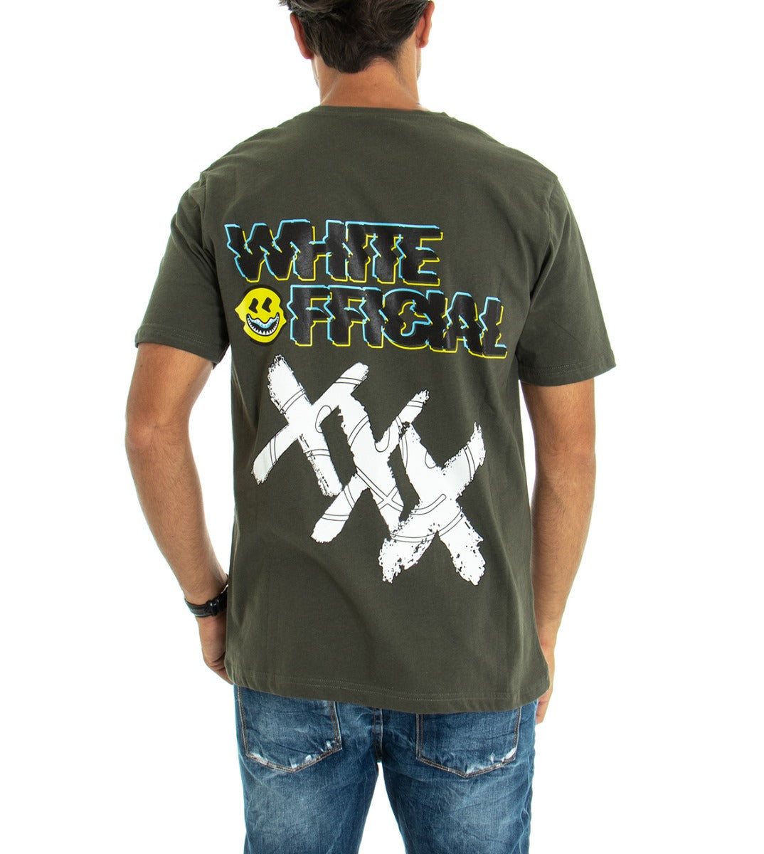T-shirt Uomo White Official Stampa Retro Girocollo Cotone Verde Militare Scritta GIOSAL 