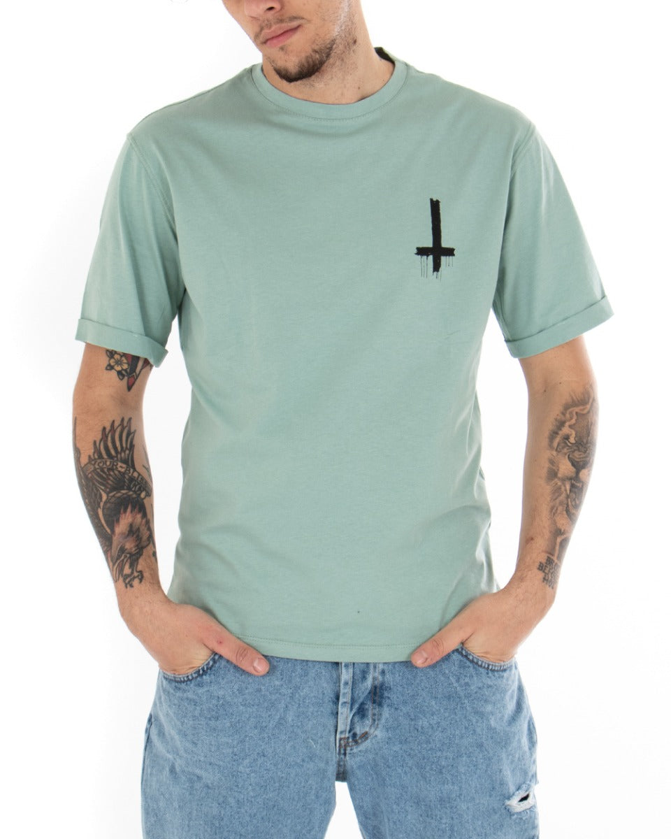 Men's T-shirt Short Sleeves Print Solid Color Water Green Cotton Casual GIOSAL
