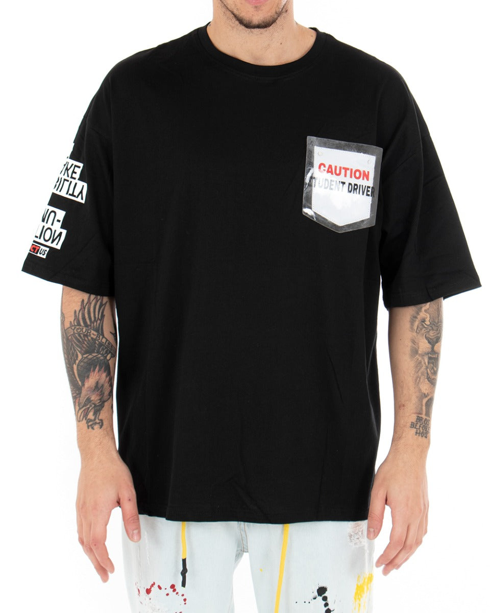 T-shirt Uomo Tinta Unita Nera Stampe Girocollo Oversize GIOSAL