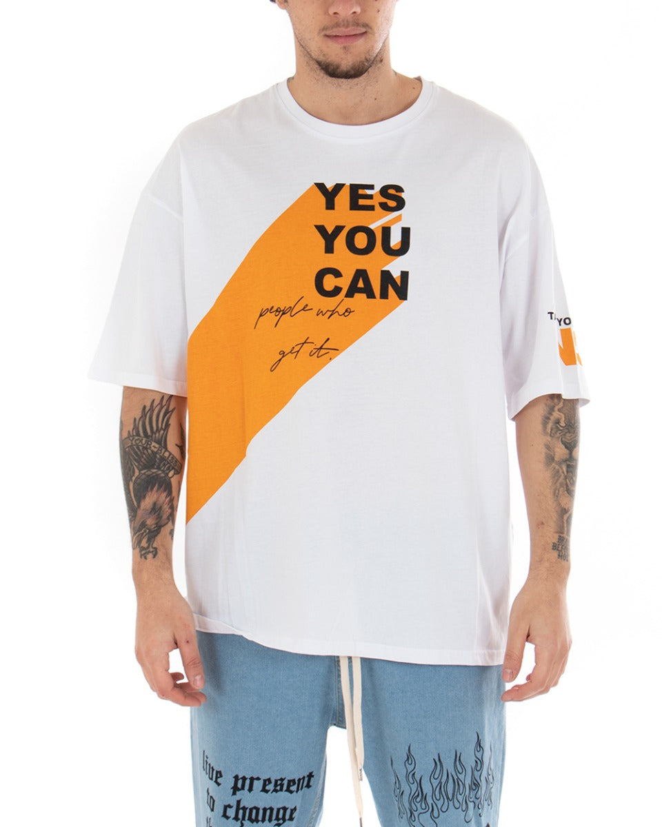 Men's T-shirt White Print Crew Neck Oversize Short Sleeves Casual GIOSAL