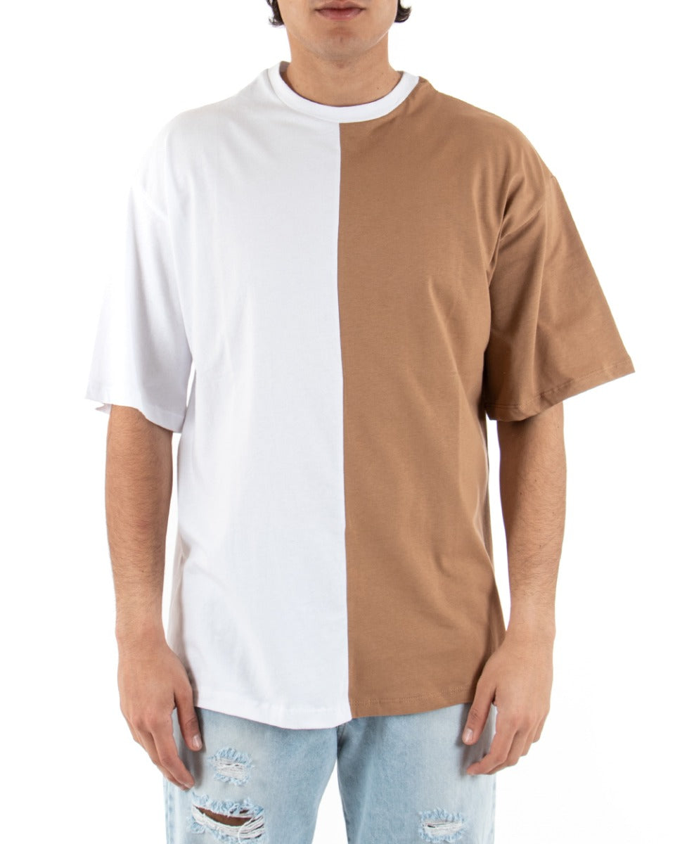 Men's T-shirt Short Sleeves Two-Tone Black Camel Round Neck Oversize Casual GIOSAL