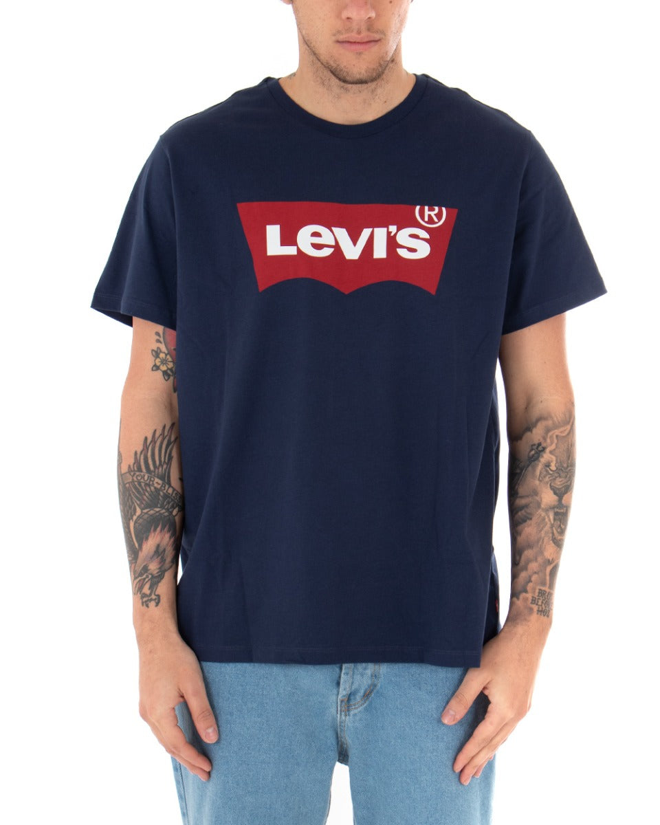 Levi's Men's T-shirt Solid Color Blue Crew Neck White Logo Short Sleeves GIOSAL