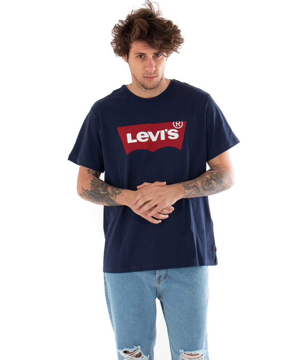 Levi's Men's T-shirt Solid Color Blue Crew Neck White Logo Short Sleeves GIOSAL