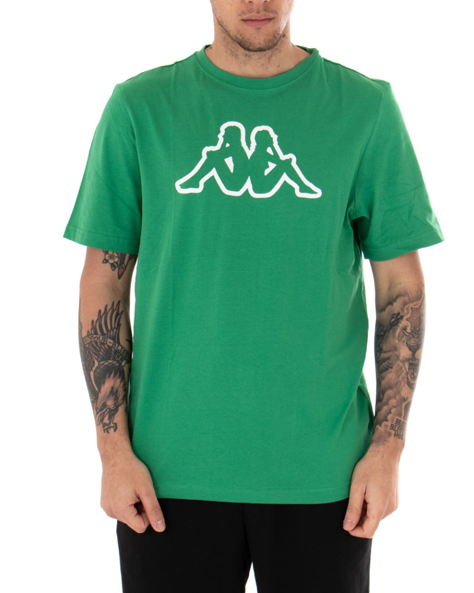 Men's Kappa MM Logo Cromen T-shirt Solid Color Green Crew Neck Short Sleeves Casual GIOSAL