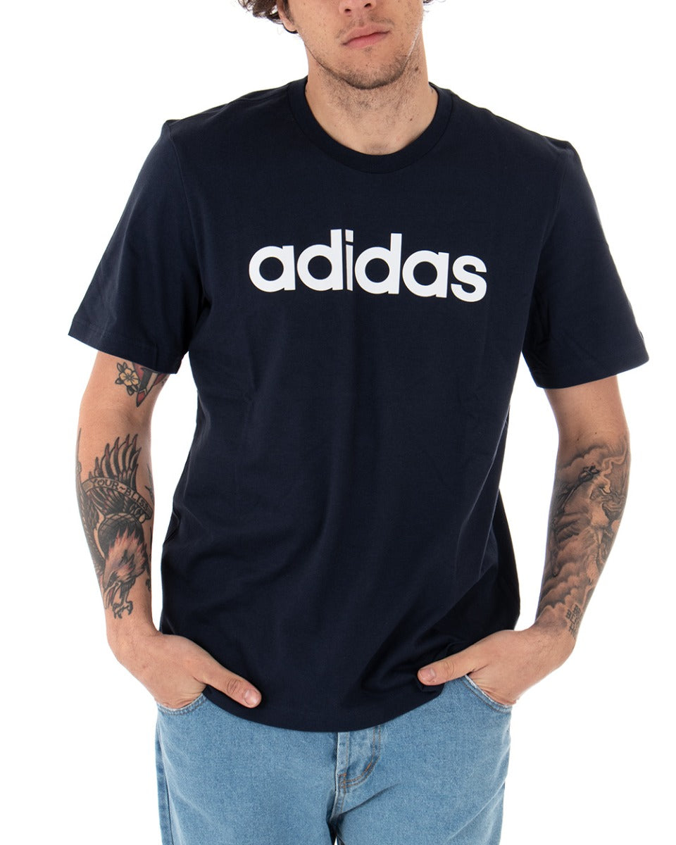 Men's T-shirt Adidas Logo Lin Tee Print Solid Color Blue Crew Neck Cotton Short Sleeves GIOSAL