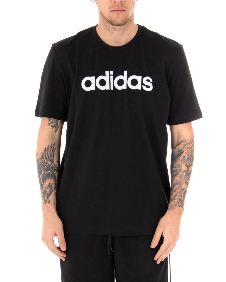 Men's T-shirt Adidas Logo Lin Tee Print Solid Color Black Crew Neck Cotton Short Sleeves GIOSAL