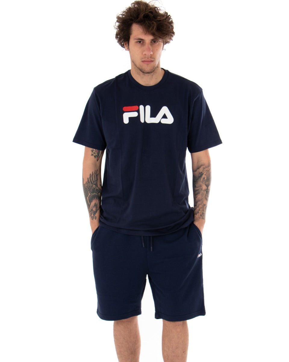 T-shirt Uomo Fila Classic Pure Tinta Unita Blu Logo Maniche Corte GIOSAL