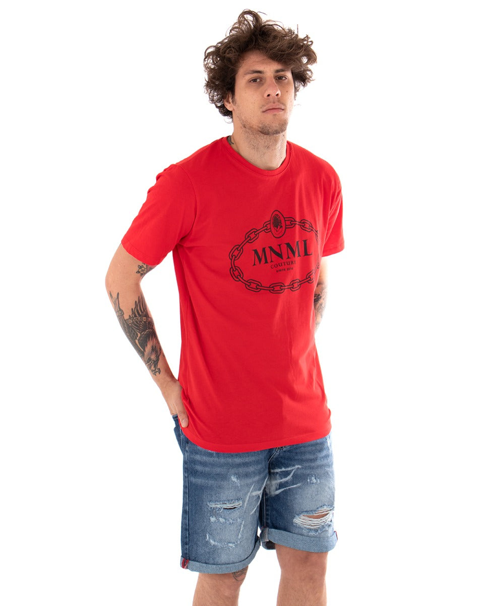 T-shirt Uomo Minimal Couture Logo Rosso Casual Girocollo Cotone GIOSAL