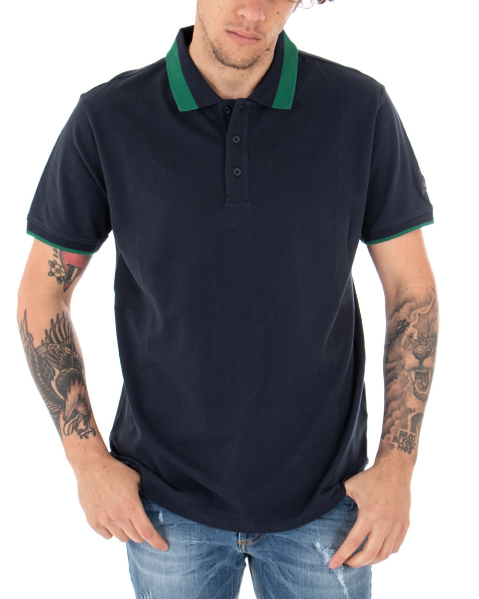 Men's T-shirt Polo Invicta Piquet Logo Collar Casual Buttons Dark Blue GIOSAL