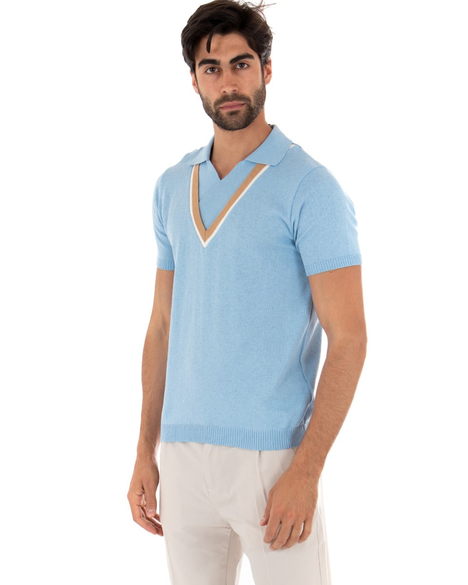 Men's Polo T-shirt Short Sleeves V-Neck Collar Light Blue Casual GIOSAL