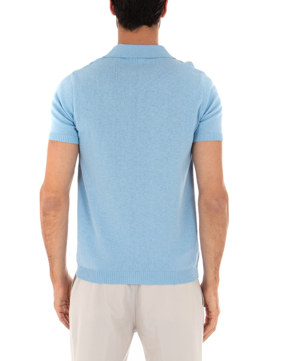Polo Uomo T-shirt Maniche Corte Scollo a V Colletto Celeste Casual GIOSAL