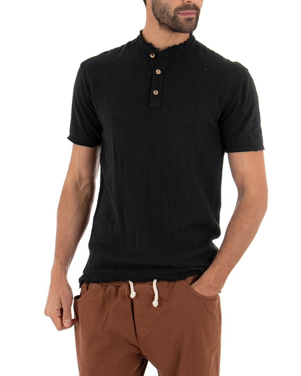 Men's T-shirt Solid Color Black Short Sleeves Collar Buttons Cotton GIOSAL
