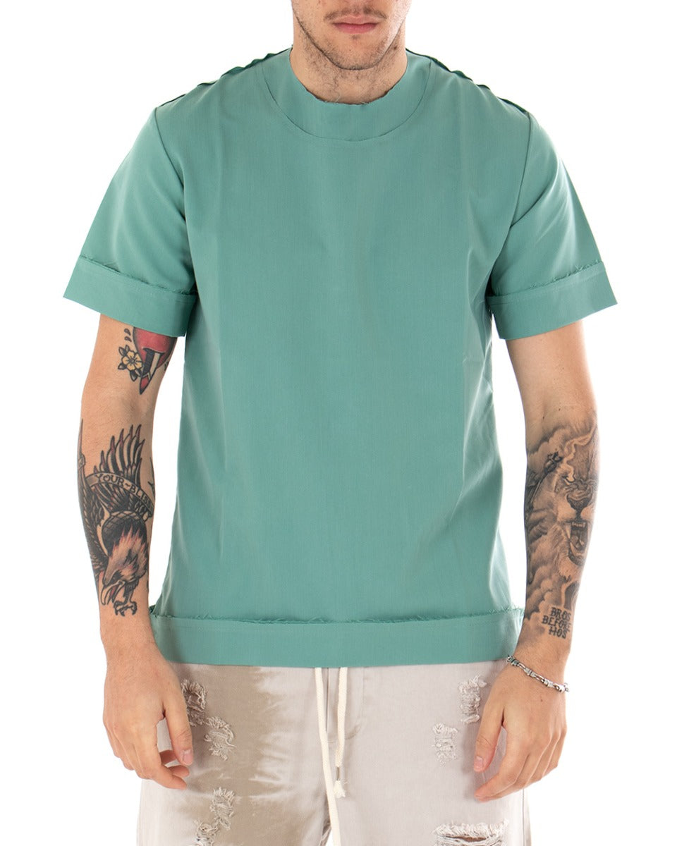 Men's T-Shirt Aqua Green T-Shirt Solid Color Lapels Casual Short Sleeves GIOSAL